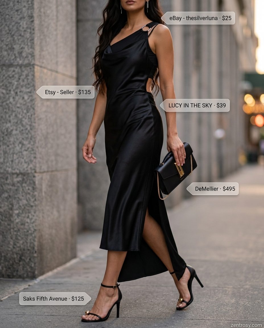 Sophisticated Black Slip Dress for Evening 2026 Chic all black summer outfits for women 2026: Sophisticated black slip dress with silver earrings for an evening out.