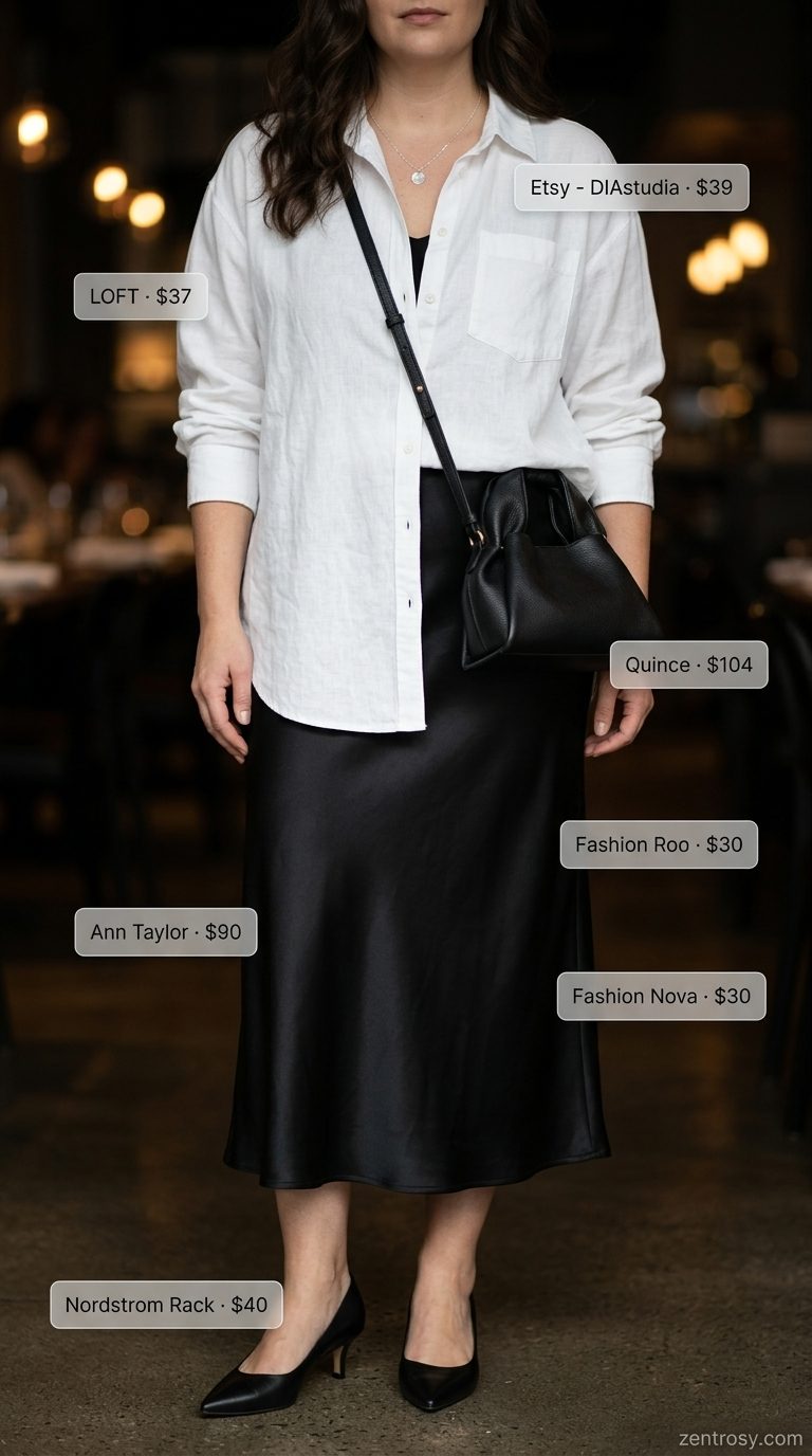 Sleek Black Slip Skirt Outfit for Summer 2026 Chic all black summer outfits for women 2026: Sleek slip skirt with a ribbed tank and oversized white shirt for dinner.
