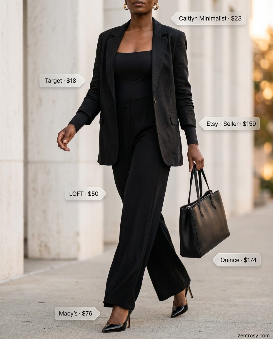 Chic All Black Summer Outfits 2026: Sophisticated Pants Chic all black summer outfit 2026: wide-leg trousers, bodysuit, oversized blazer, and heels for sophisticated work.