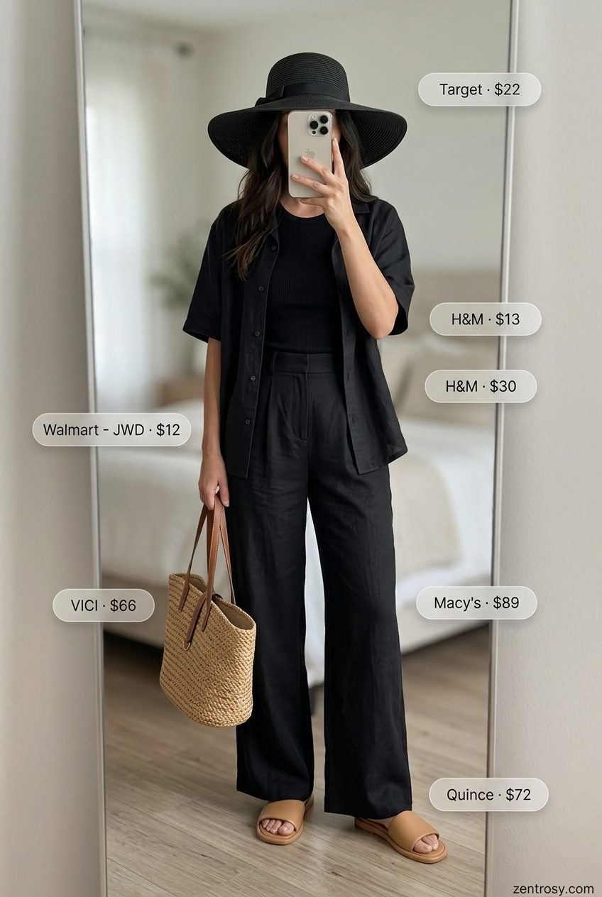 Chic All Black Summer Outfits 2026: Sun-Kissed Linen Ease Chic all black summer outfit 2026: linen shirt, tailored shorts, tank top, slides, and straw hat for relaxed brunch.
