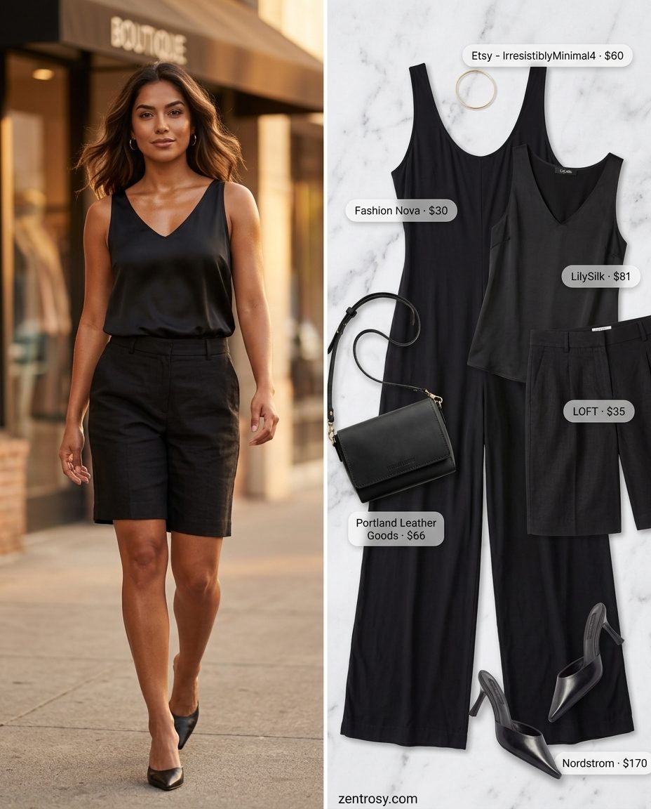 Chic All Black Summer Outfits 2026: Tailored Summer Ease Chic all black summer outfit 2026: tailored shorts, silk blouse, heeled mules, and crossbody bag for elevated casual.