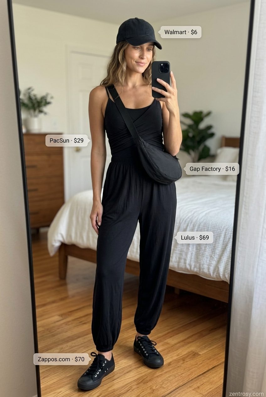 Chic All Black Summer Outfits 2026: Sporty Mini Dress Chic all black summer outfits for women 2026: T-shirt mini dress with sneakers for sporty vibes.