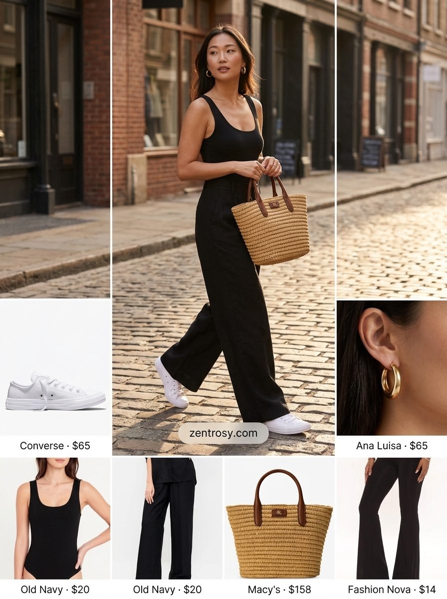 Chic All Black Summer Outfits 2026: Wide-Leg Pants Chic all black summer outfits for women 2026: Wide-leg pants, bodysuit, and sneakers for relaxed style.