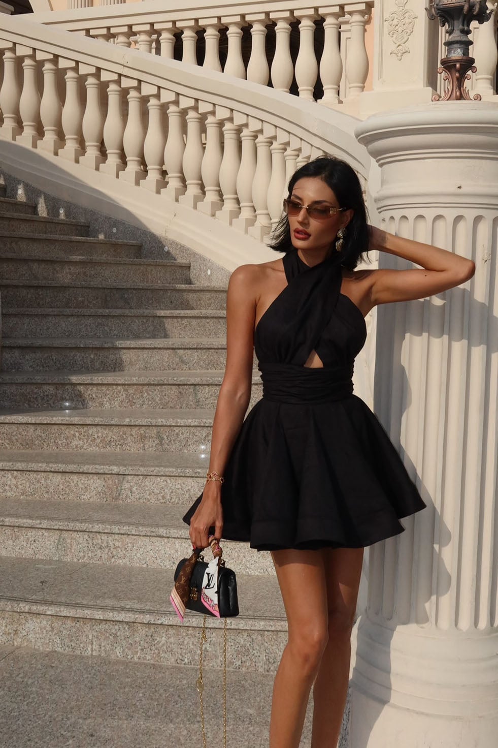 Daytime Black Linen Halter Mini Dress — Chic Black Corset Outfit