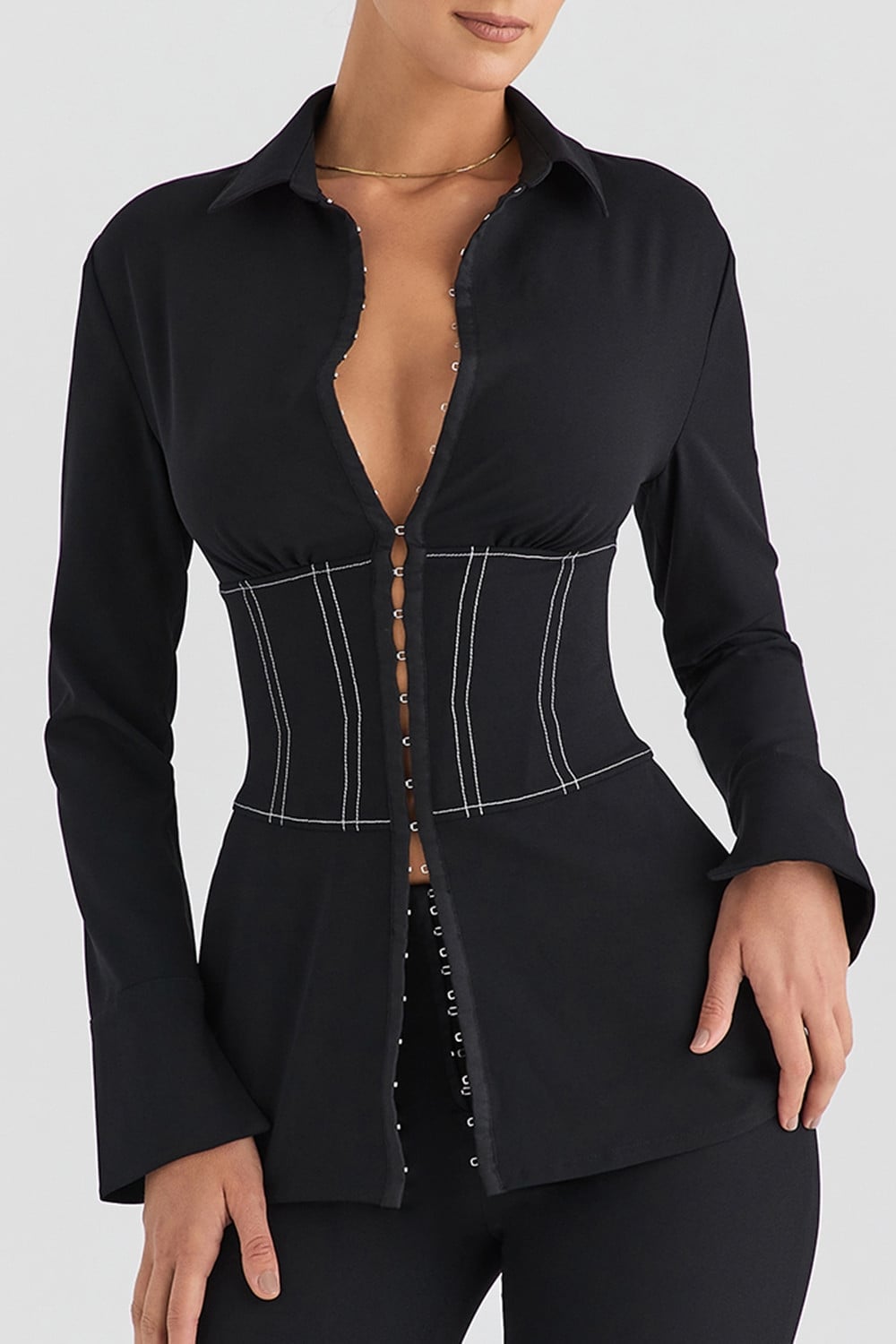 Shirt with Hook-and-Eye Corset Detail — Chic Black Corset Outfit