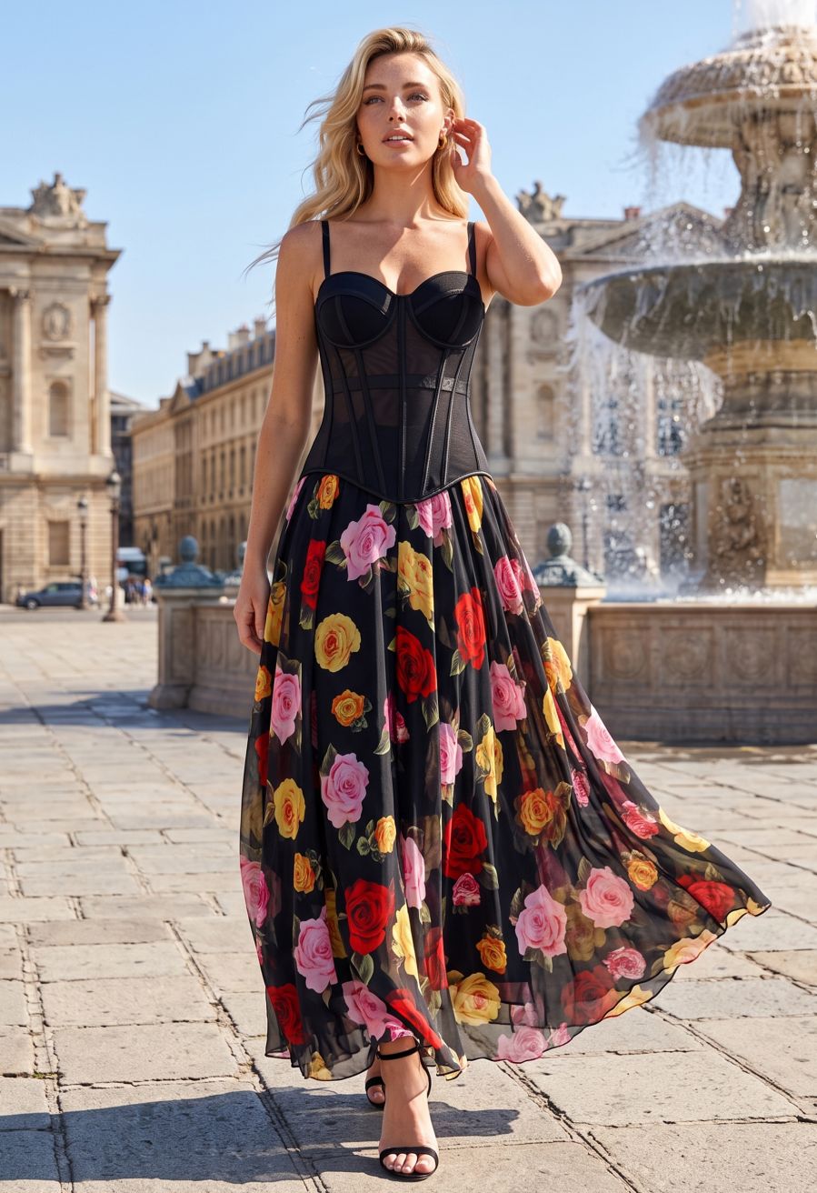 Corset Bodice with Floral Chiffon Skirt — Chic Black Corset Outfit