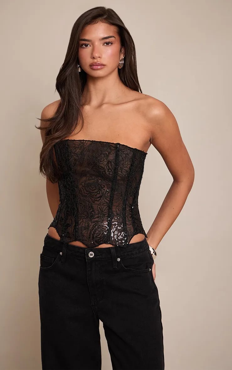 Black Sequin Lace Corset Top — Chic Black Corset Outfit