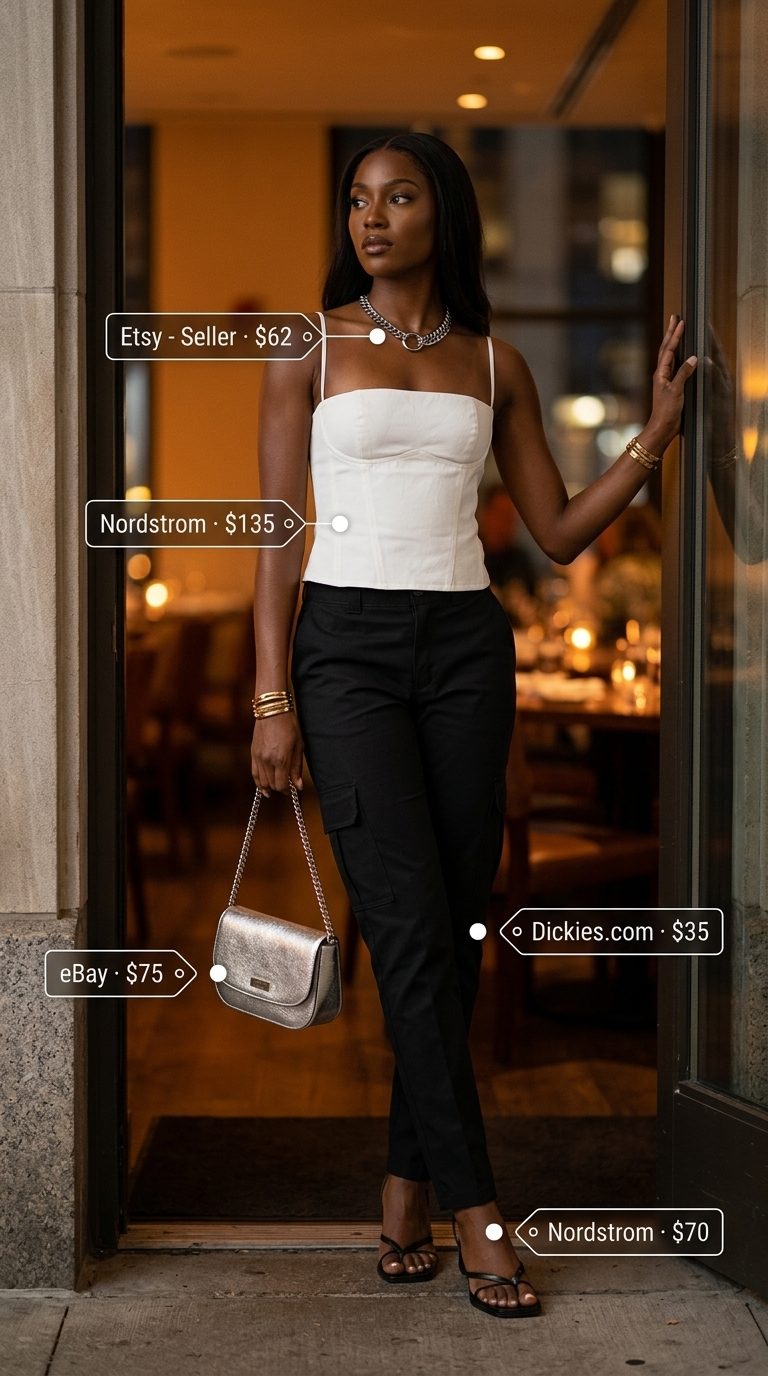 Edgy black cargo pants and corset top for chic dinner outfits women 2026. Trendy night out look.