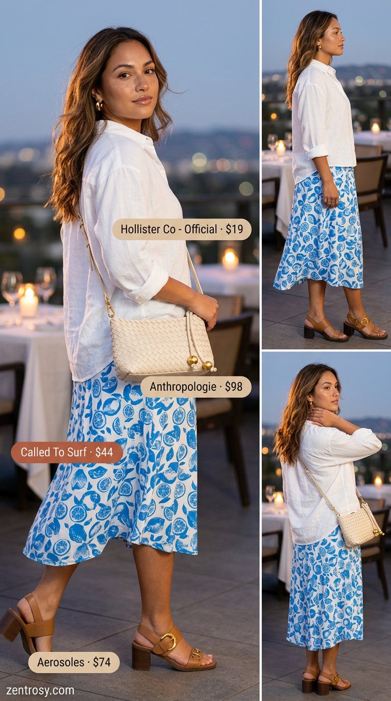 Playful citrus print midi skirt for chic dinner outfits summer women 2026. Garden party or casual evening.