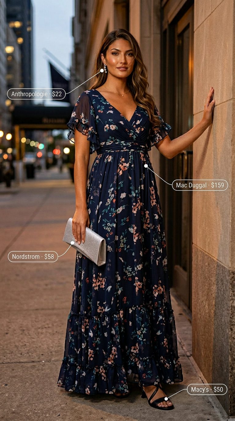 Sophisticated navy floral maxi dress for chic dinner outfits summer women 2026. Elegant evening event look.