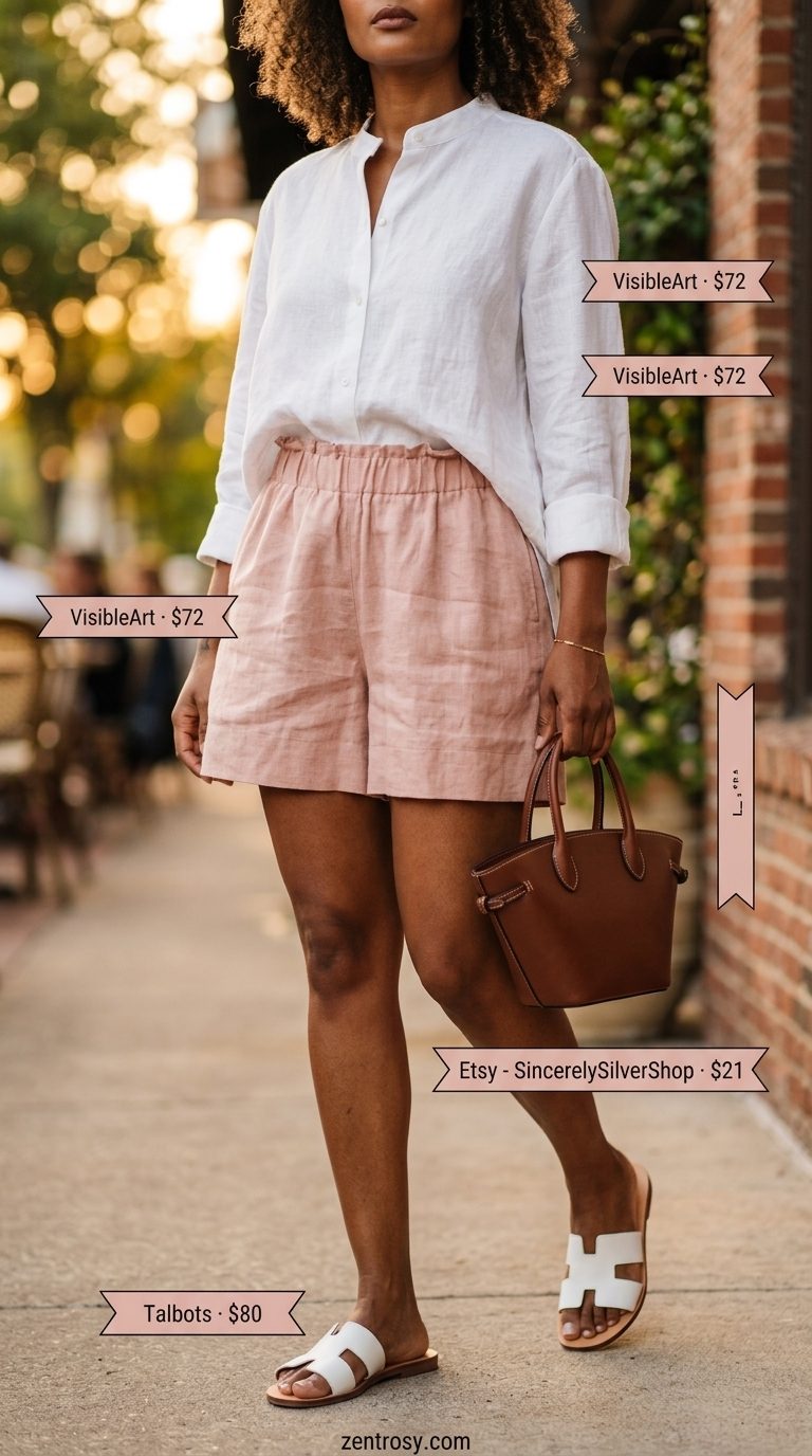 Relaxed blush pink linen shorts set for chic dinner outfits summer women 2026. Effortless casual evening look.