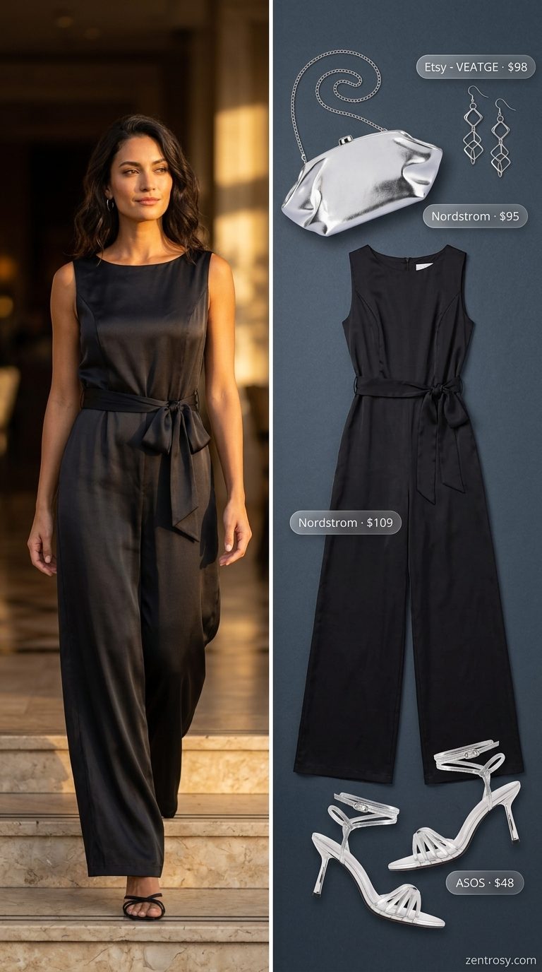 Chic monochrome jumpsuit for summer dinner outfits women 2026. Black wide-leg jumpsuit with silver accessories.