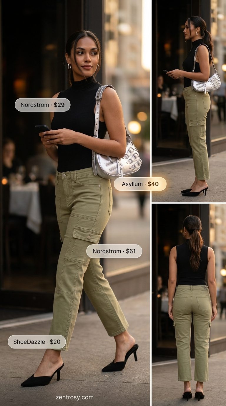 Edgy olive green cargo pants and black bodysuit for chic dinner outfits women 2026. Modern evening look.