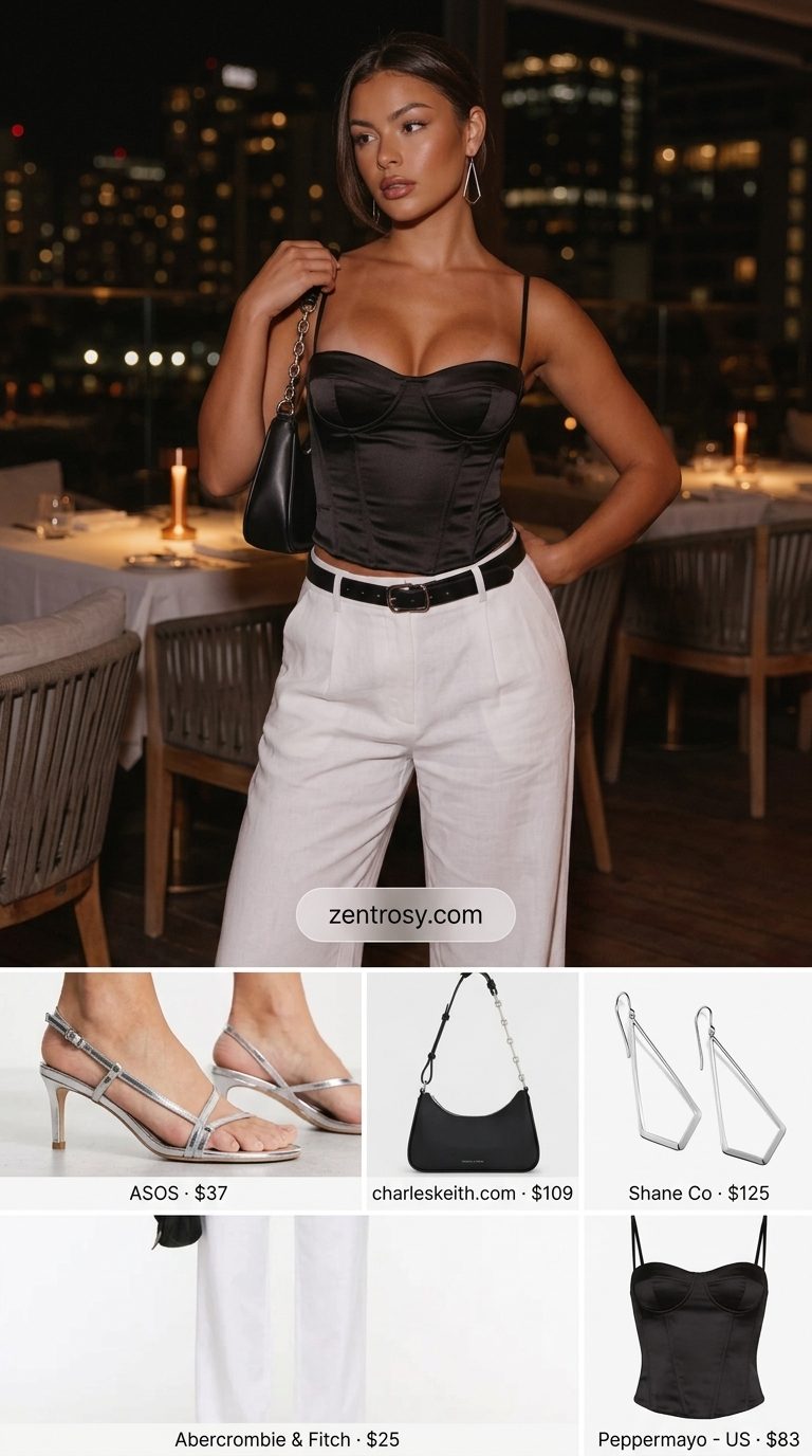Chic white wide-leg pants and black corset top for summer dinner outfits women 2026. Modern cocktail party style.