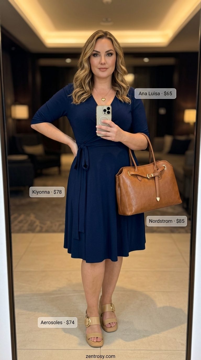 Classic navy wrap dress for chic dinner outfits summer women 2026. Elegant evening event style.