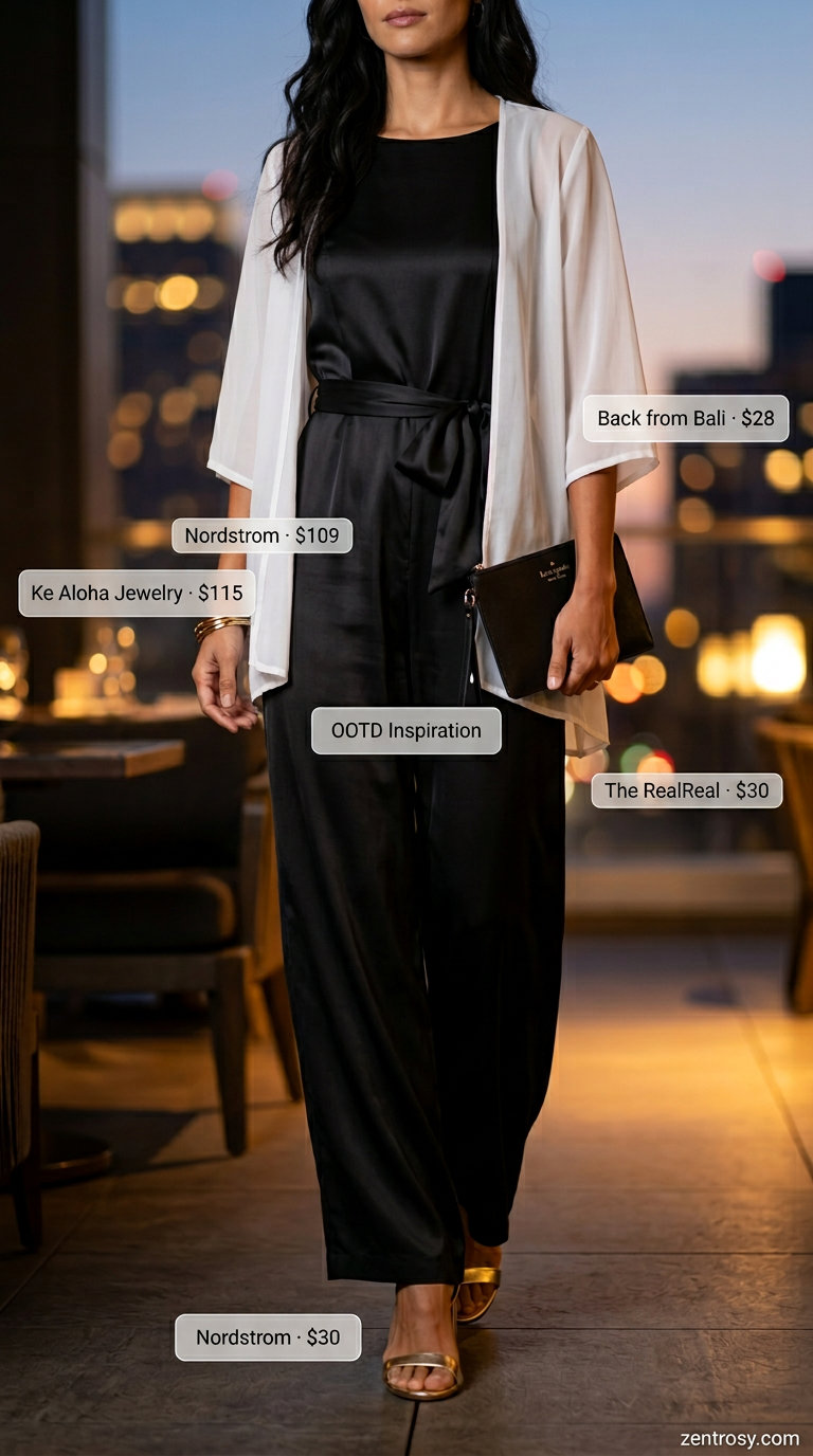 Sophisticated black wide-leg jumpsuit outfit for women summer 2026. Minimalist evening event style.