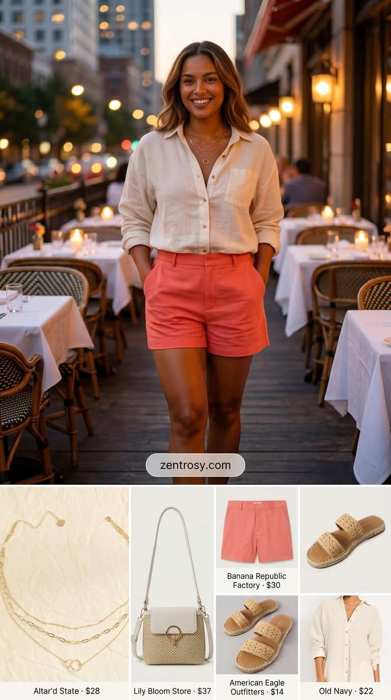 Chic coral linen shorts and white blouse outfit for women summer 2026. Effortless resort wear.