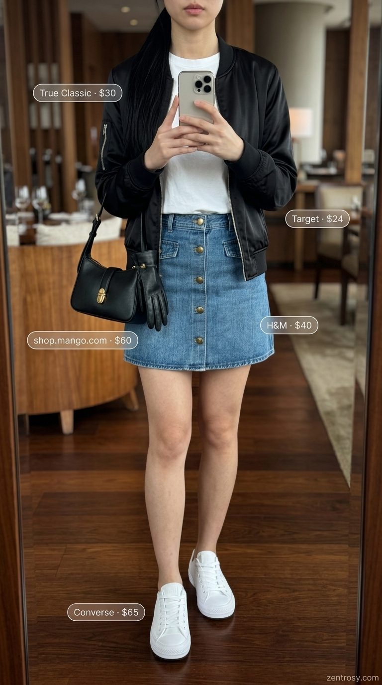 Denim mini skirt and bomber jacket for casual chic dinner outfits summer for women 2026.