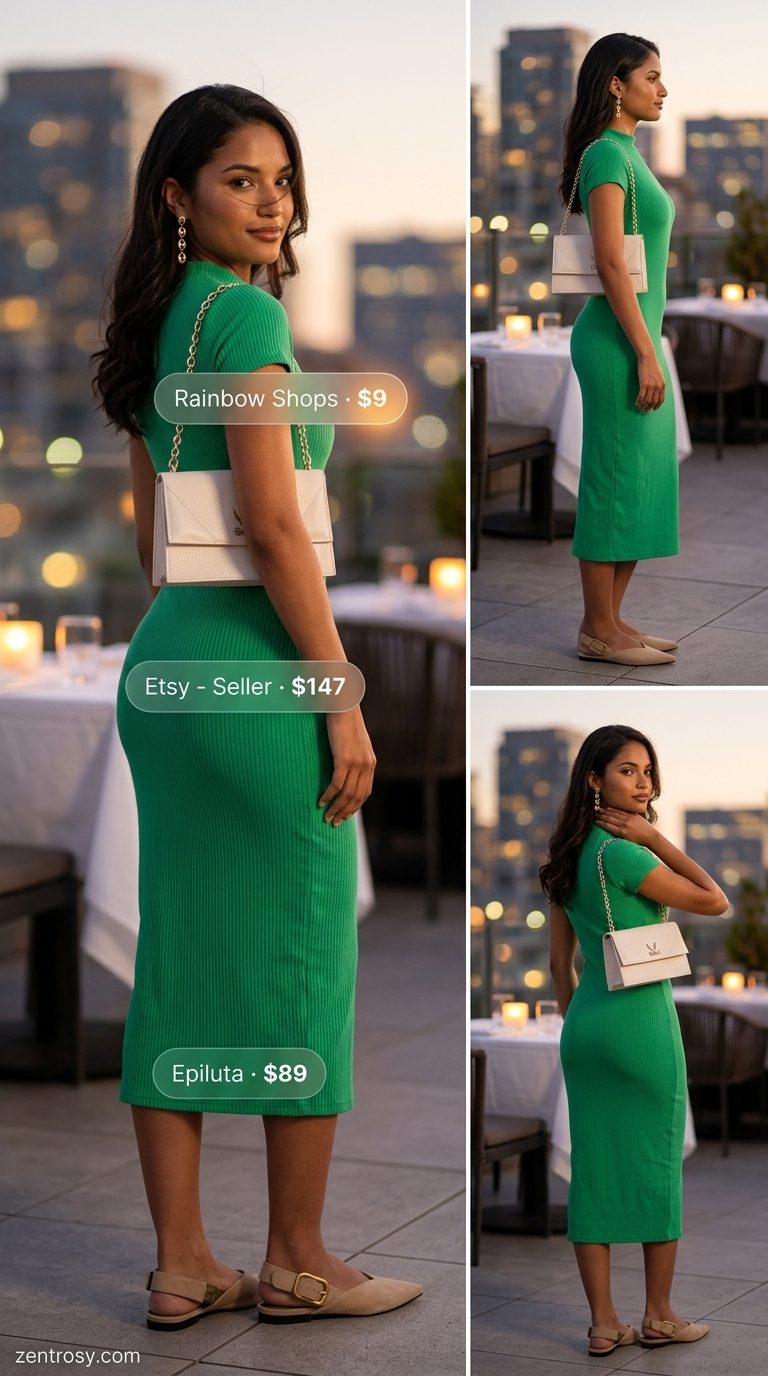 Elegant emerald green knit dress outfit for women summer 2026. Sophisticated evening event attire.
