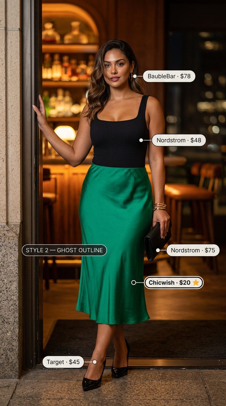 Glamorous emerald green satin skirt and black bodysuit outfit for women summer 2026. Cocktail event style.