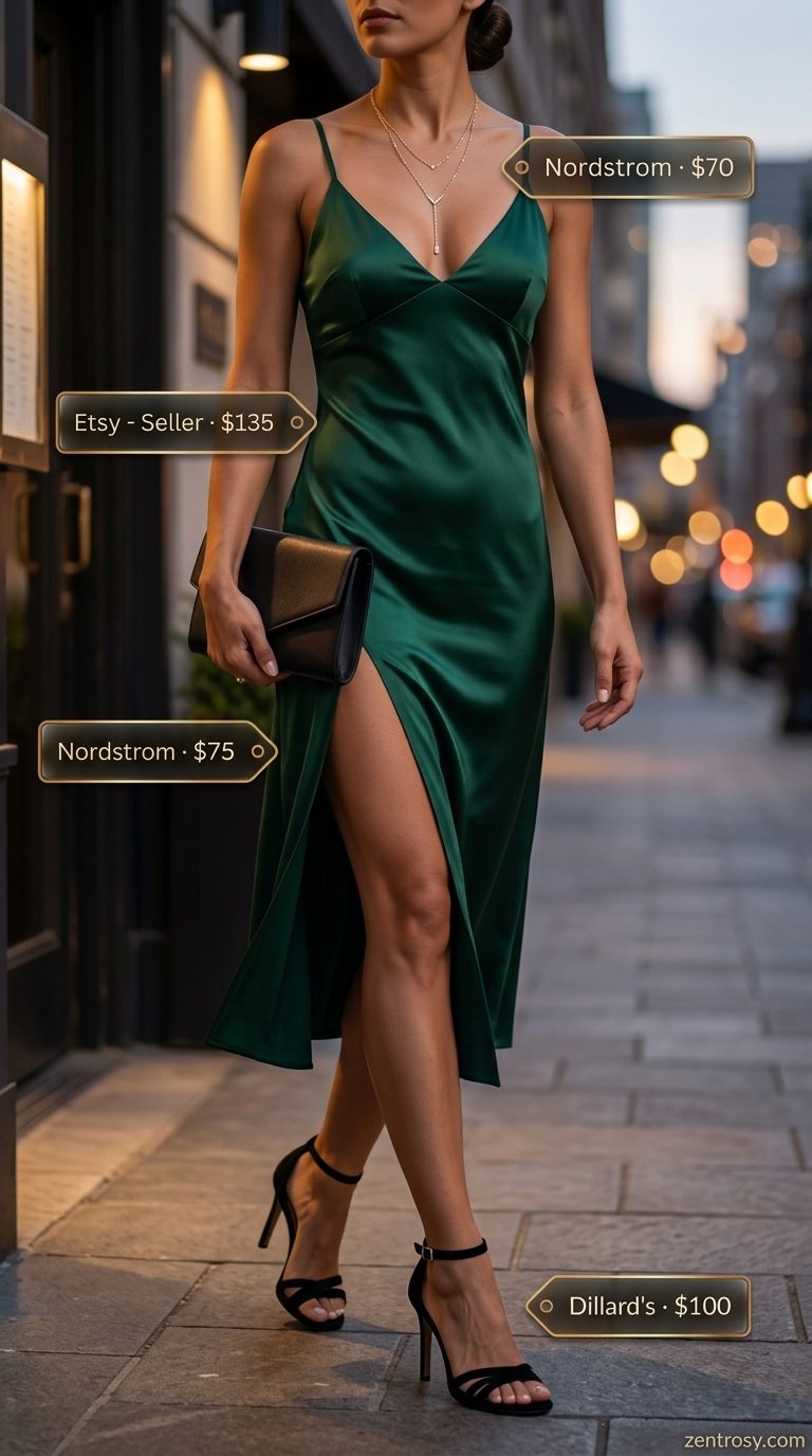 Chic emerald green slip dress with gold jewelry and black heels for summer dinner outfits women 2026.