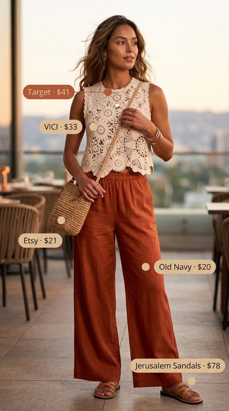 Terracotta linen pants and crochet top for casual chic dinner outfits summer for women 2026.
