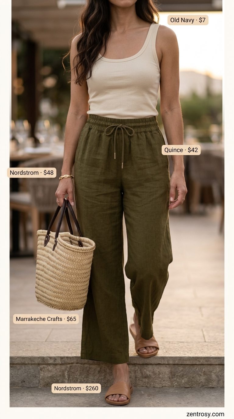 Chic olive green linen pants and cream tank outfit for women summer 2026. Relaxed outdoor dining style.