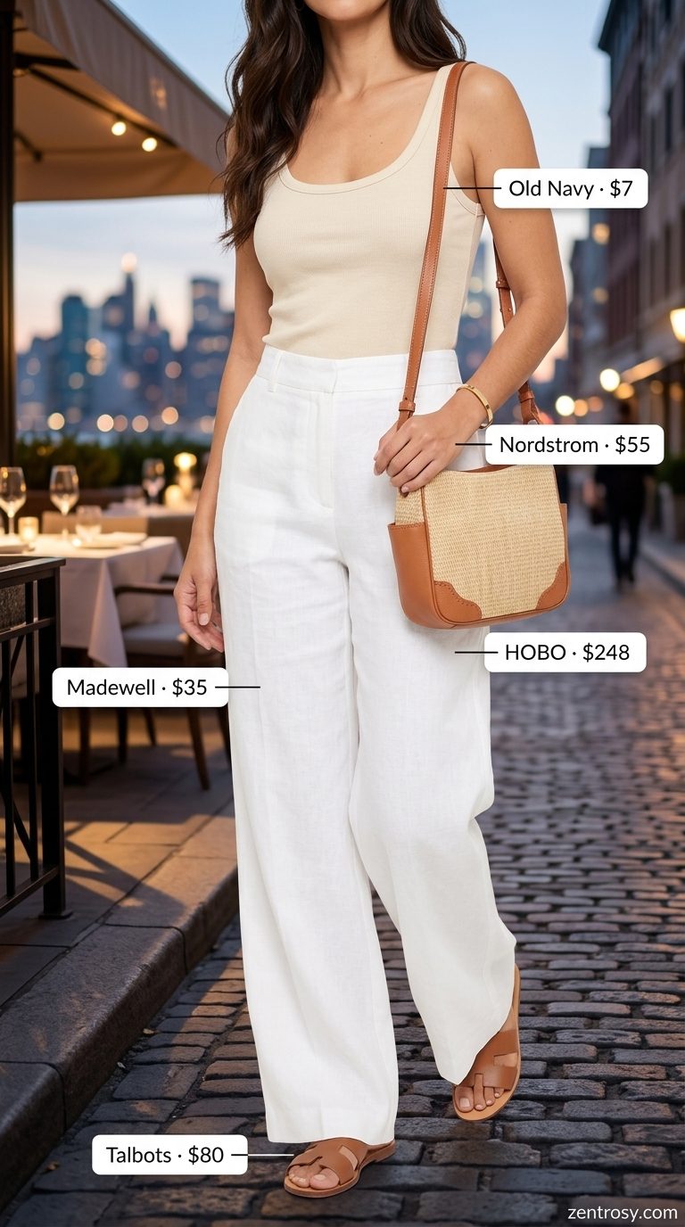 Cream linen pants and ribbed tank for breezy chic dinner outfits summer for women 2026.