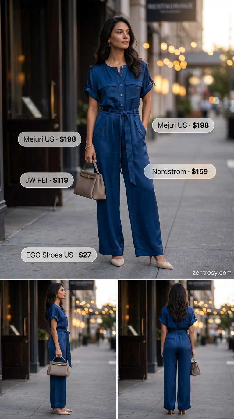 Modern navy utility jumpsuit outfit for women summer 2026. Polished evening event attire.