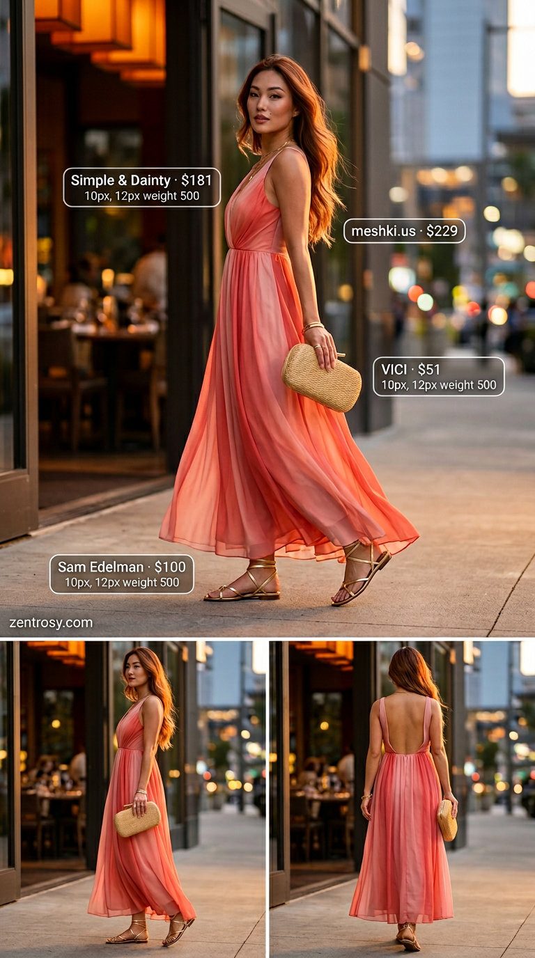Romantic sunset ombre maxi dress for women summer 2026. Flowy beach event attire.