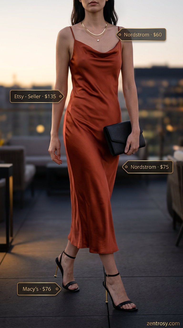 Terracotta satin slip dress with gold necklaces and black heels for chic dinner outfits summer for women 2026.