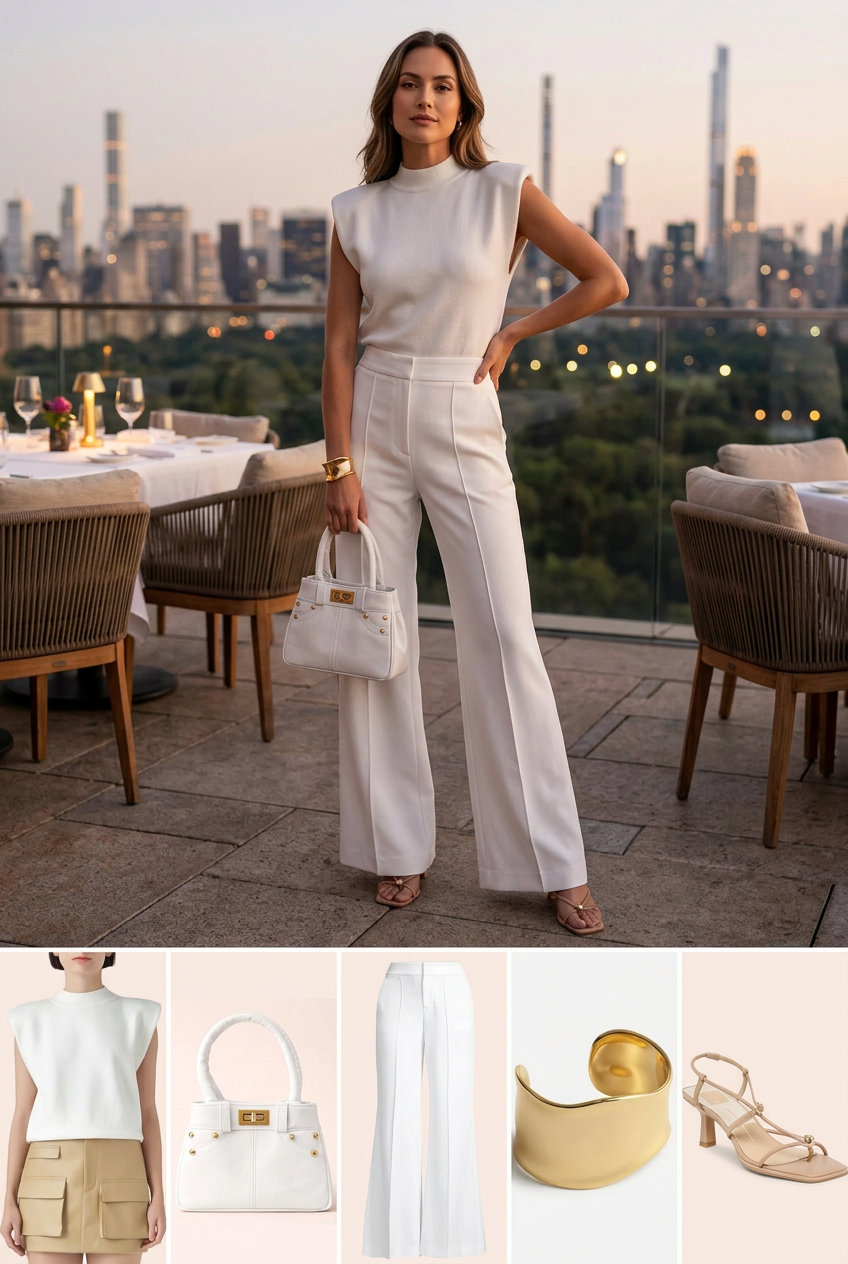 Monochrome white wide leg pants and mock neck top for chic dinner outfits summer for women 2026.