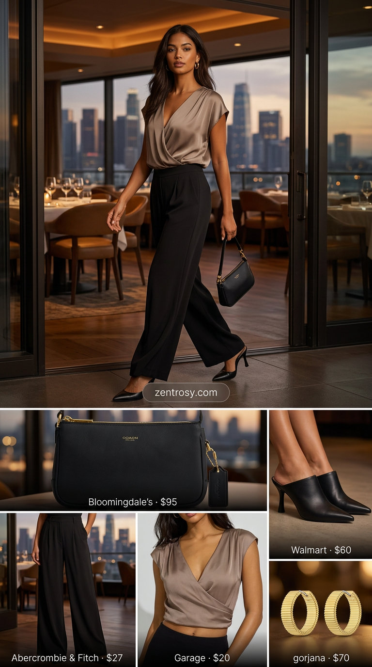 Modern taupe wide leg pants and black crop top for chic dinner outfits summer for women 2026.