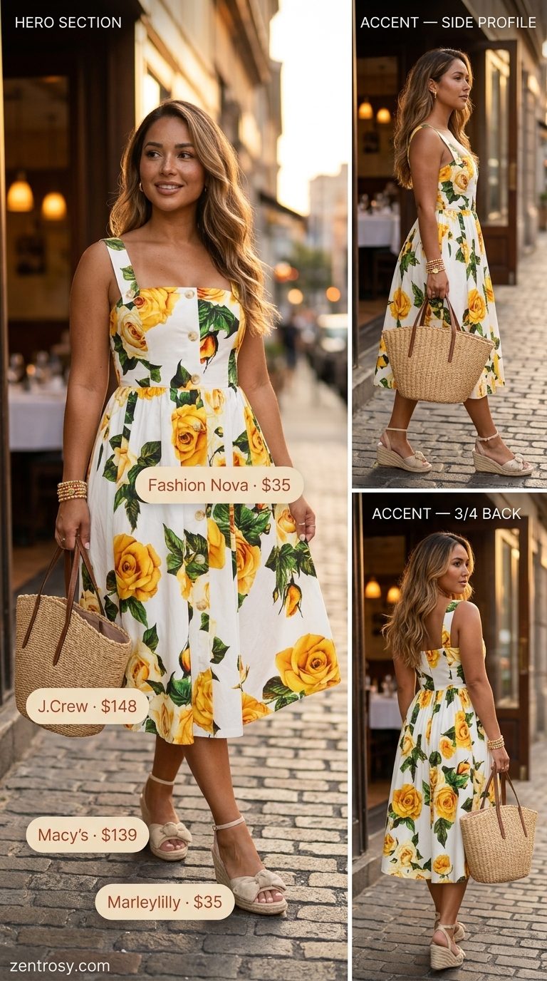 Yellow floral sundress for joyful chic dinner outfits summer for women 2026.
