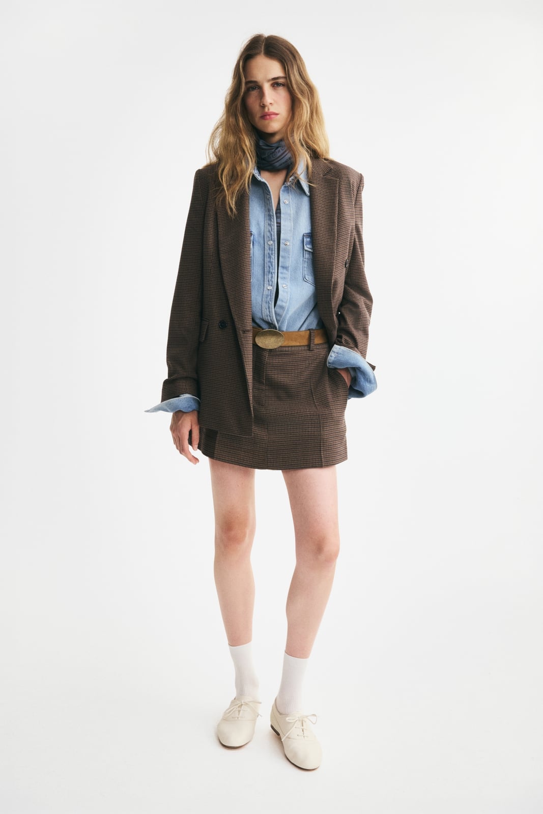 Plaid Blazer Over Denim Shirt and Mini Skirt — Chic Femme Outfit