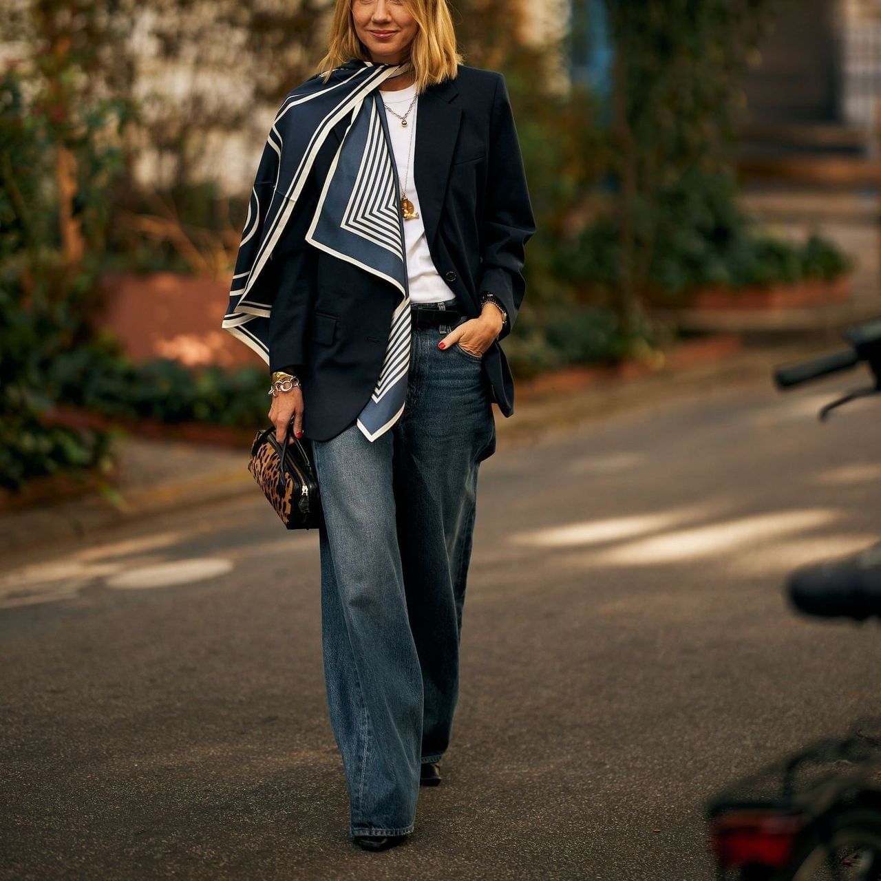 Navy Blazer with Wide-Leg Jeans and Scarf — Chic Femme Outfit