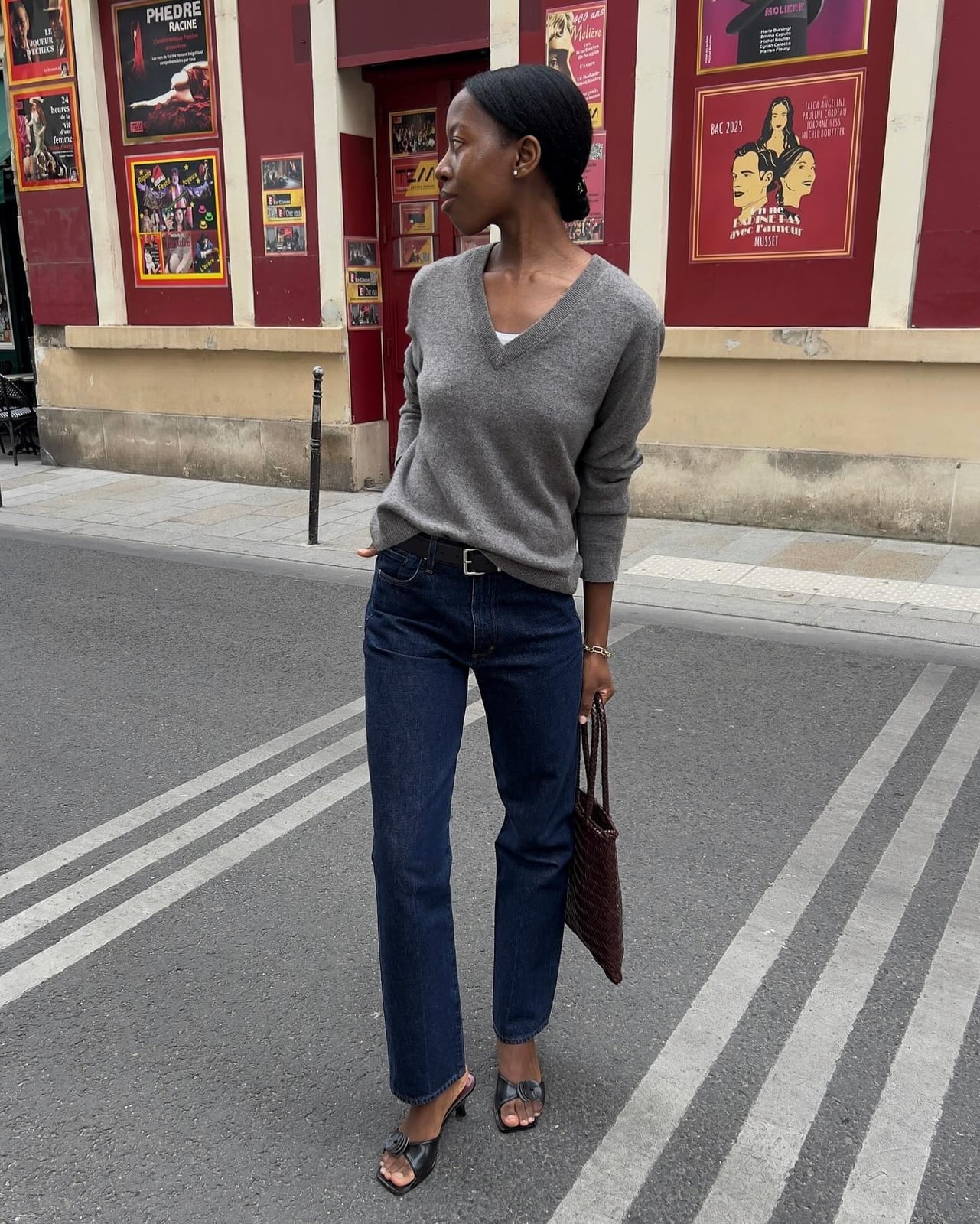 Grey V-Neck Sweater Over White T-Shirt — Chic Femme Outfit