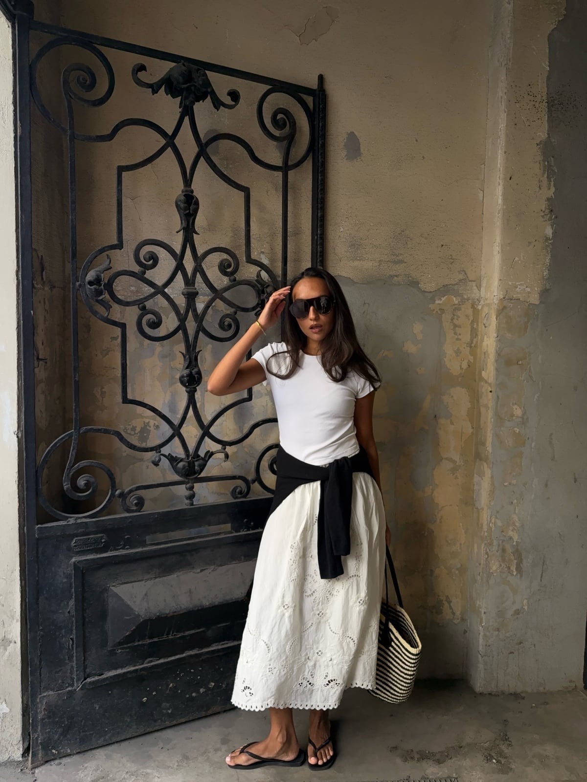 White Eyelet Midi Skirt with Black Cardigan — Chic Femme Outfit
