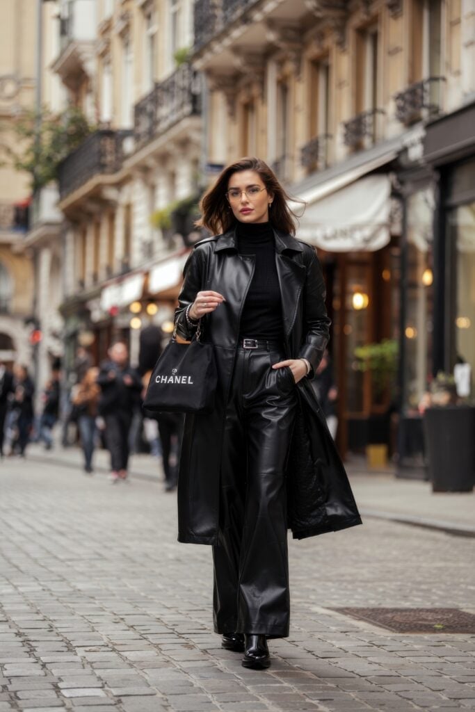 Black Leather Trench Coat with Wide-Leg Trousers — Chic Femme Outfit