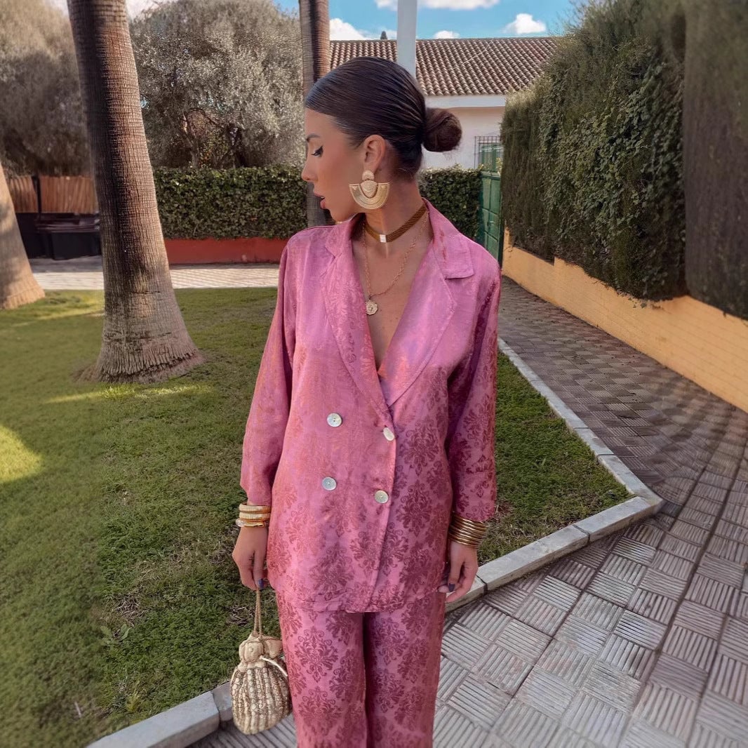 Pink Brocade Blazer and Wide-Leg Pants — Chic Femme Outfit