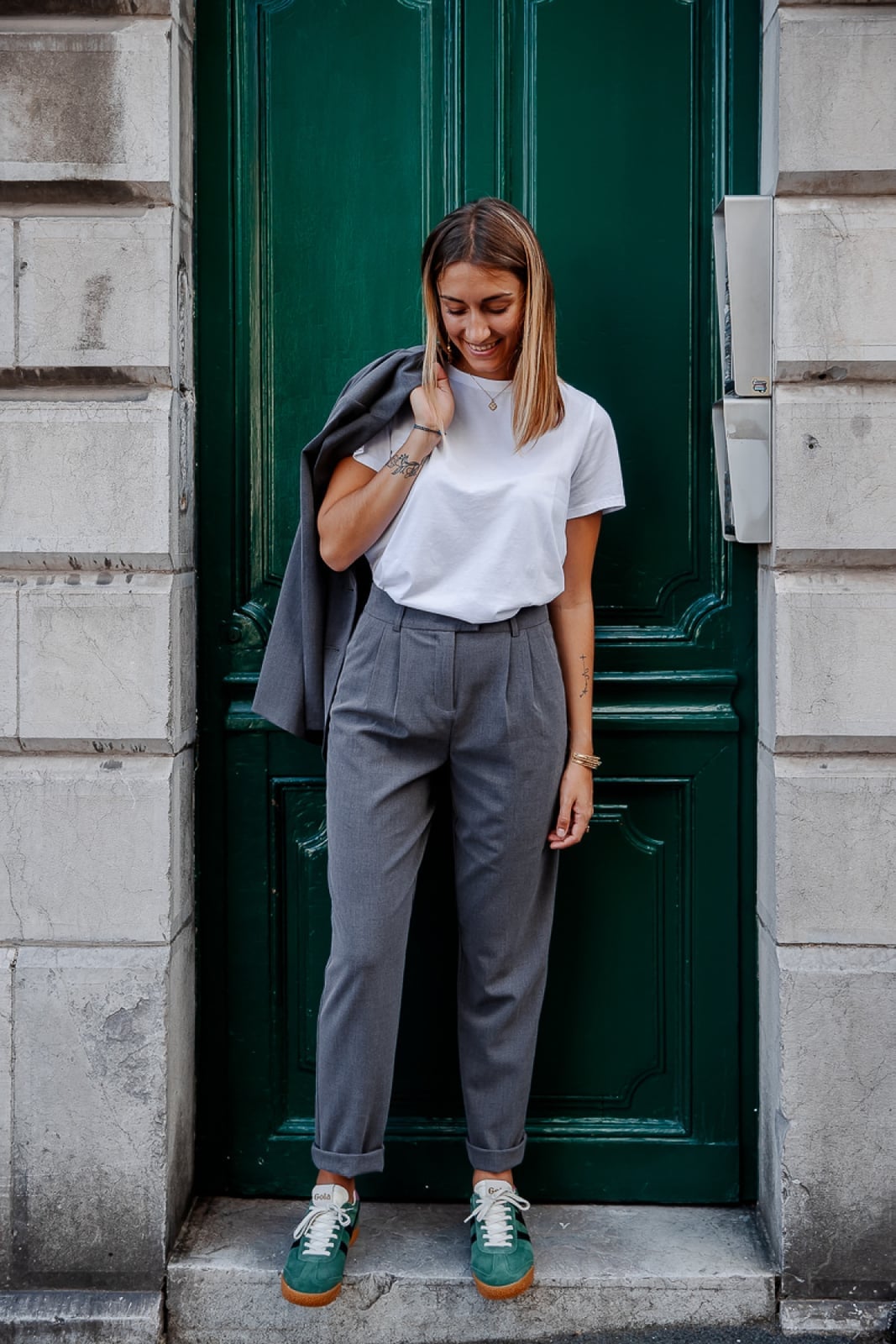 Grey Pleated Trousers with Draped Blazer — Chic Femme Outfit