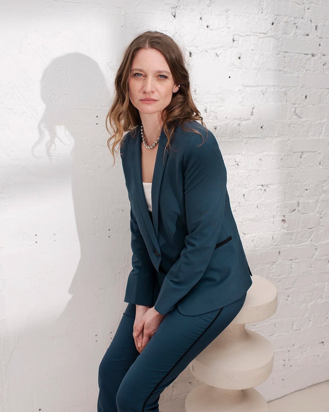 Fitted Teal Suit Jacket with White Top — Chic Femme Outfit