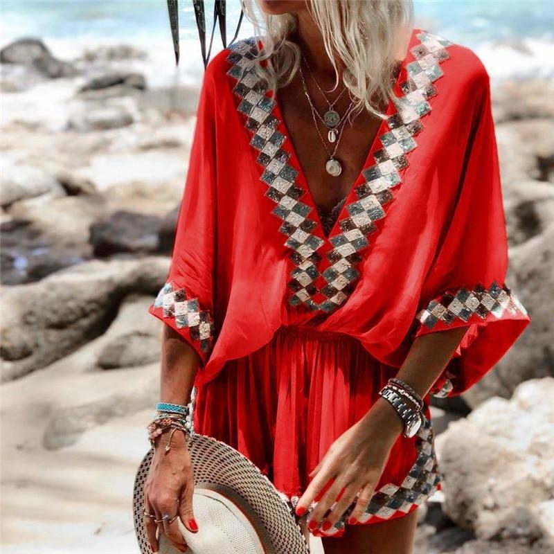 Red Kaftan Dress with Embellished Neckline — Chic Femme Outfit