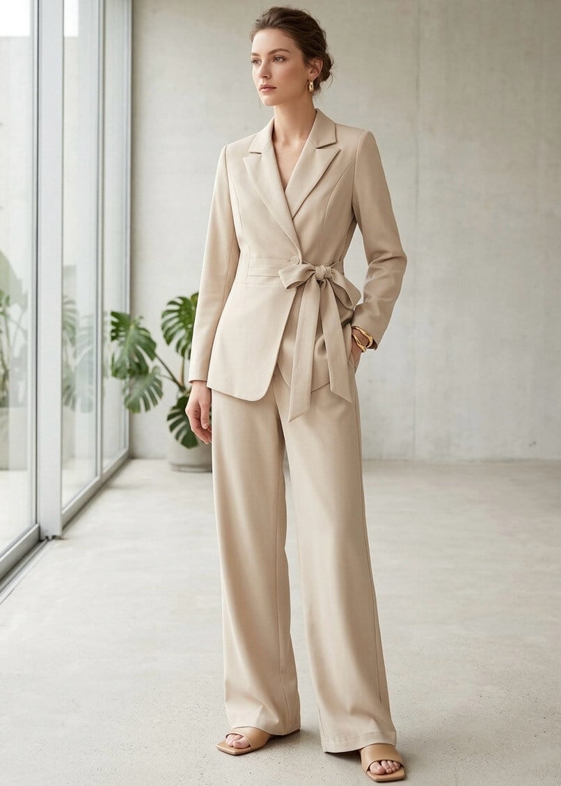 Neutral Beige Double-Breasted Pantsuit — Chic Femme Outfit