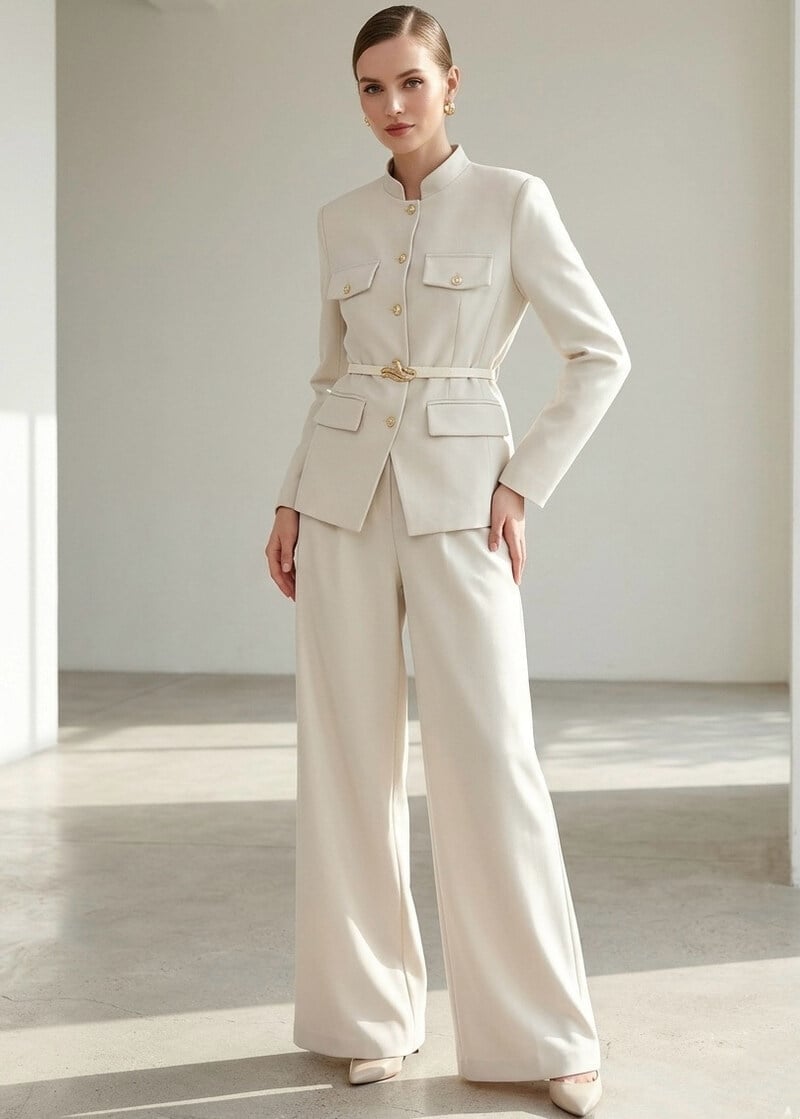 Cream Pantsuit with Gold-Buckled Belt — Chic Femme Outfit