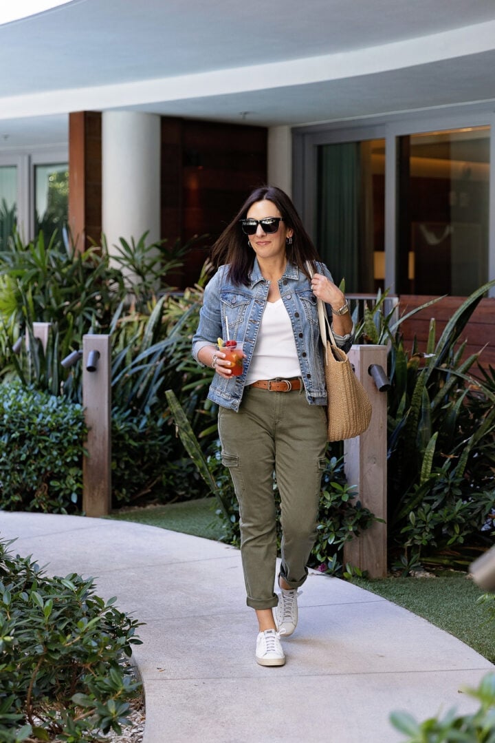 Olive Green Cargo Pants with a Denim Jacket — Chic Green Cargo Pants Outfit