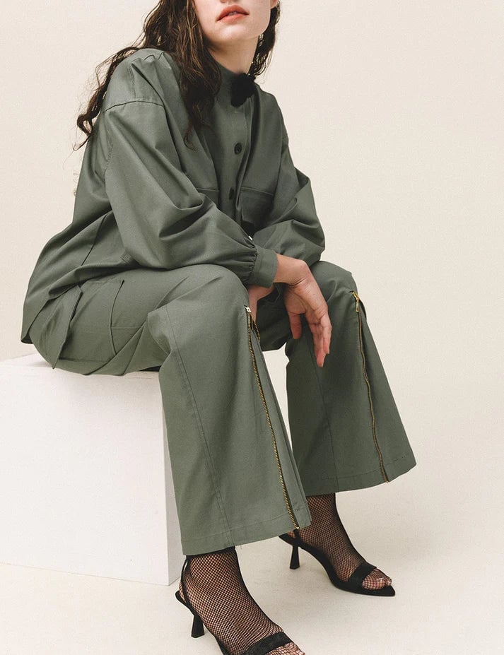 Flared Olive Green Cargo Pants with Zipper Detail — Chic Green Cargo Pants Outfit
