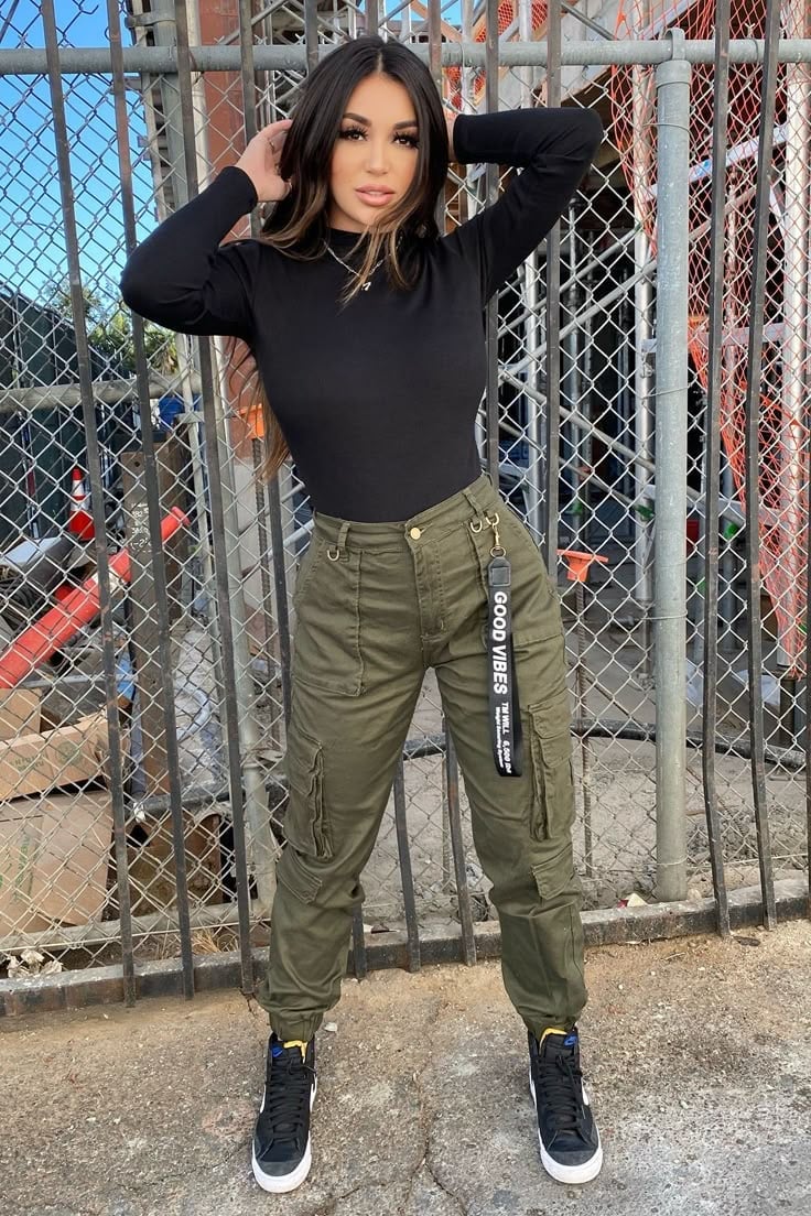 Fitted Olive Green Cargo Pants with Strap Details — Chic Green Cargo Pants Outfit