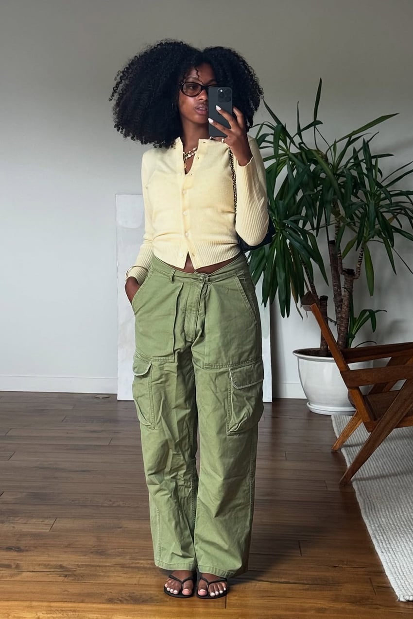 Light Green Relaxed Cargo Pants with a Cardigan — Chic Green Cargo Pants Outfit