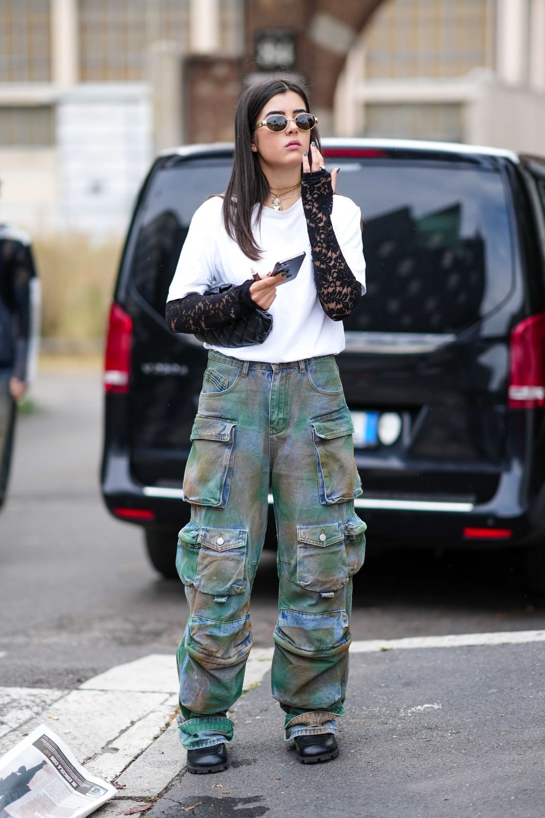 Oversized Multi-Colored Green Cargo Jeans — Chic Green Cargo Pants Outfit